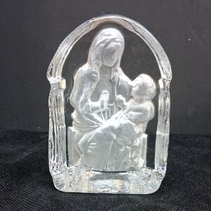 vtg clear etched lead crystal Mary & Jesus tea light holder